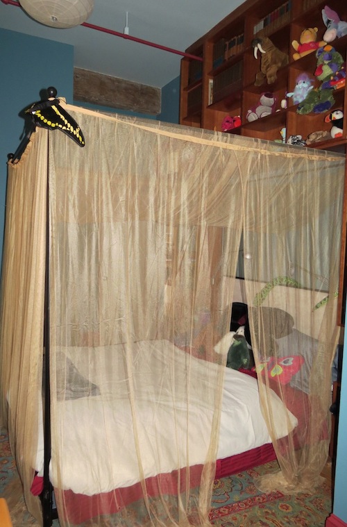 The Princess Bed with bookshelf filled with animal friends.  Notice the newly painted blue walls with red trim!